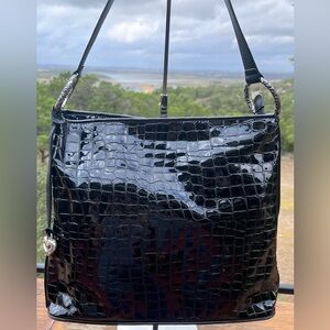 EUC Brighton Cher Black Croc Embossed Patent Leather Hobo Shoulder Bag